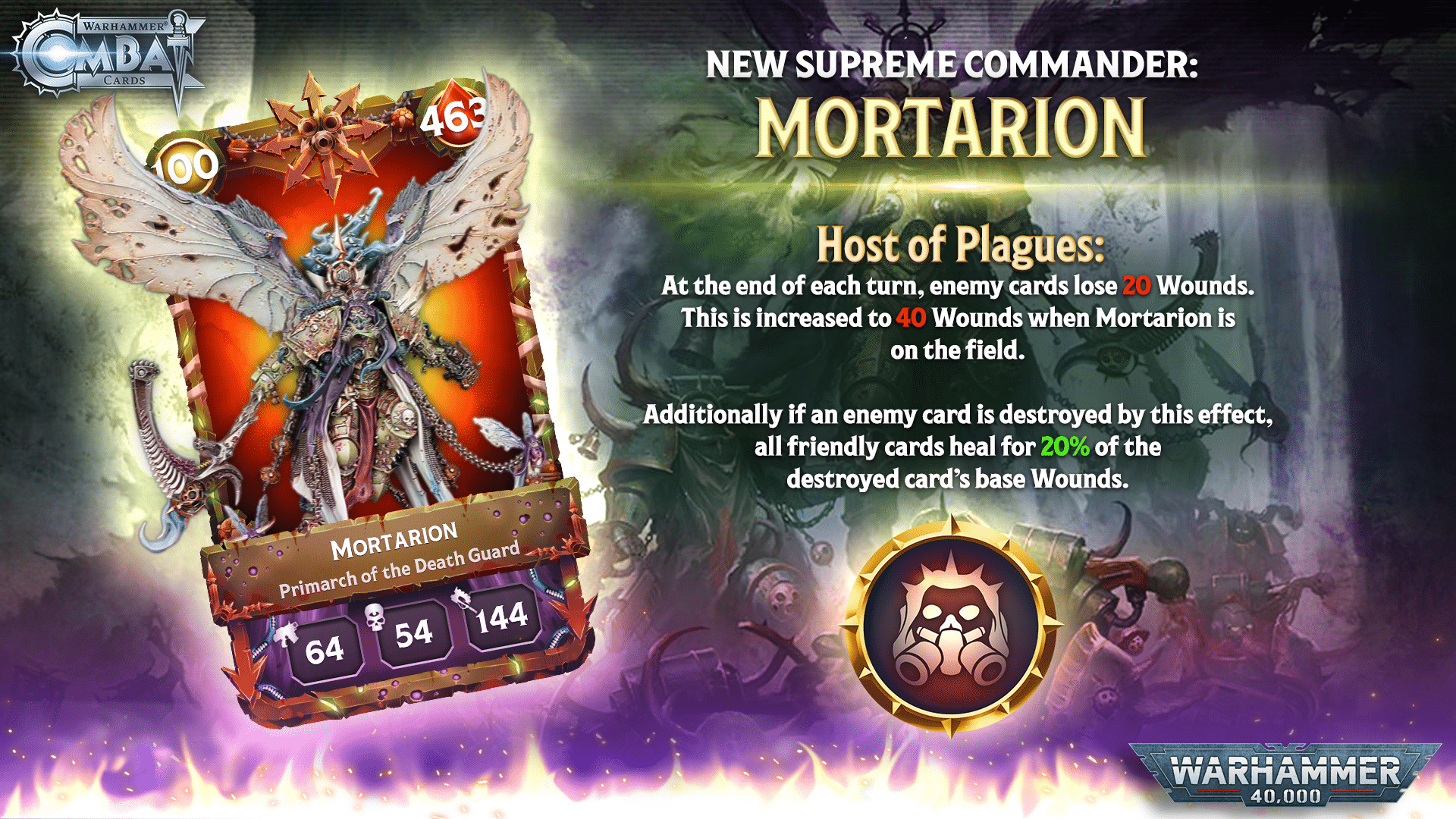 Supreme Commander Mortarion's card is shown with text about his special rule.